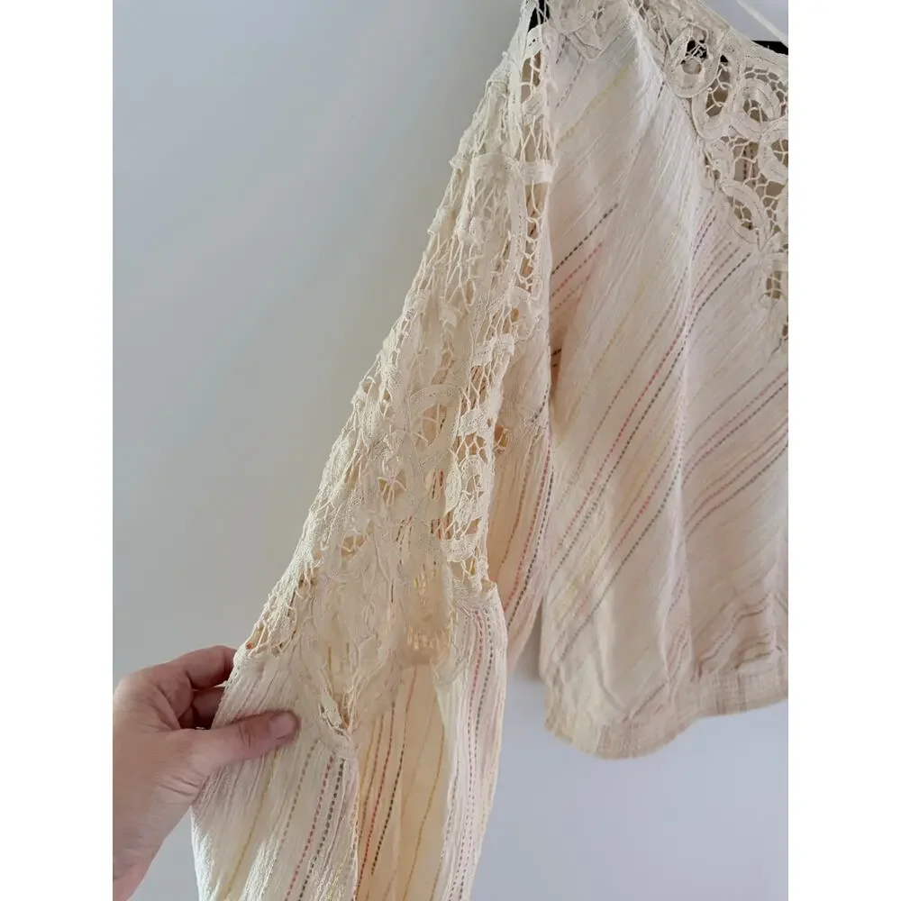 Free People Floating Memorie Crochet Peasant Neutral Cream Striped Blouse-Size L